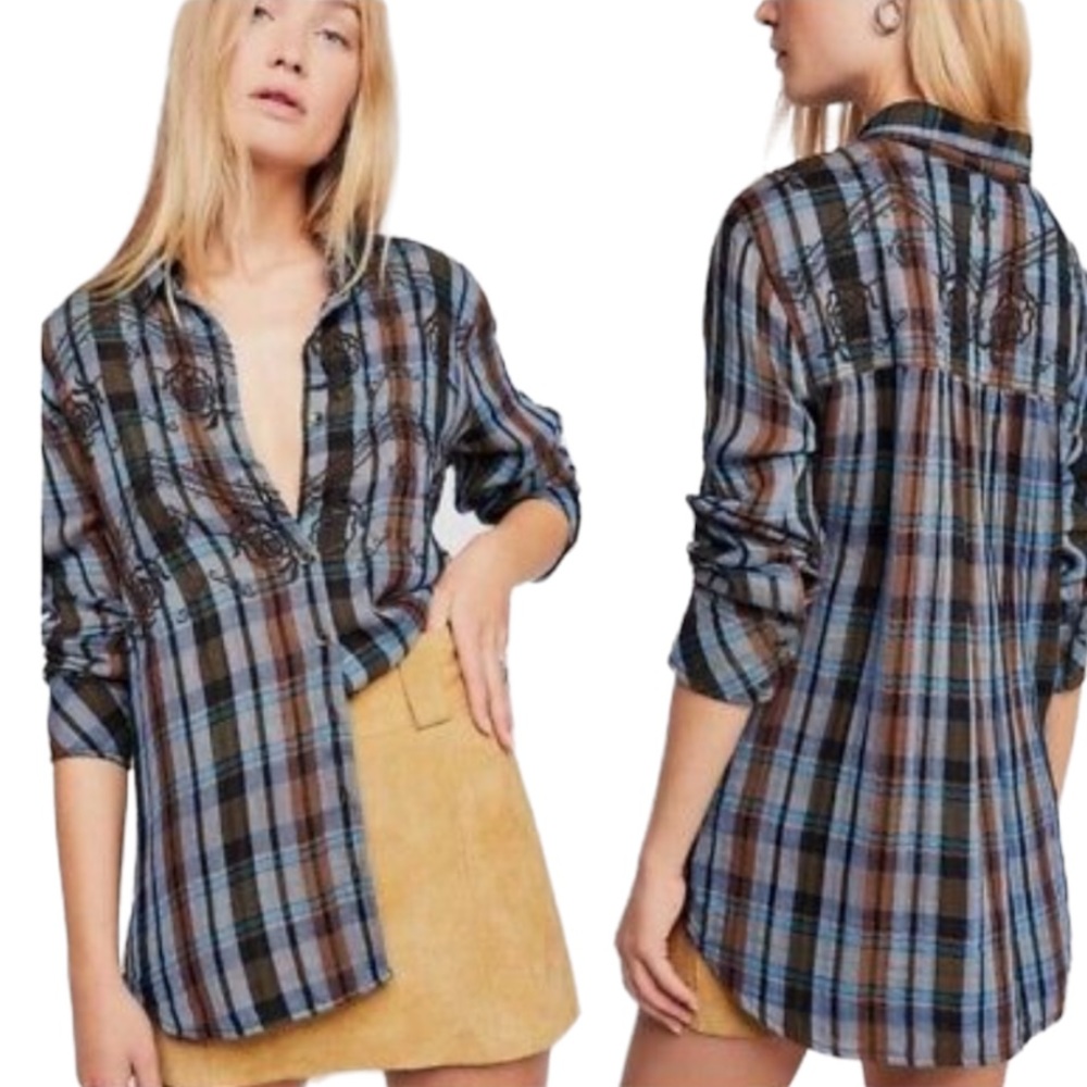 Free People Magical Plaid Embroidered Top blue XS